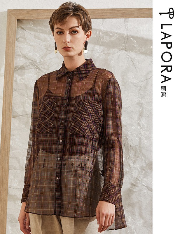 丽莫女装2021春夏季棕色格子长裙