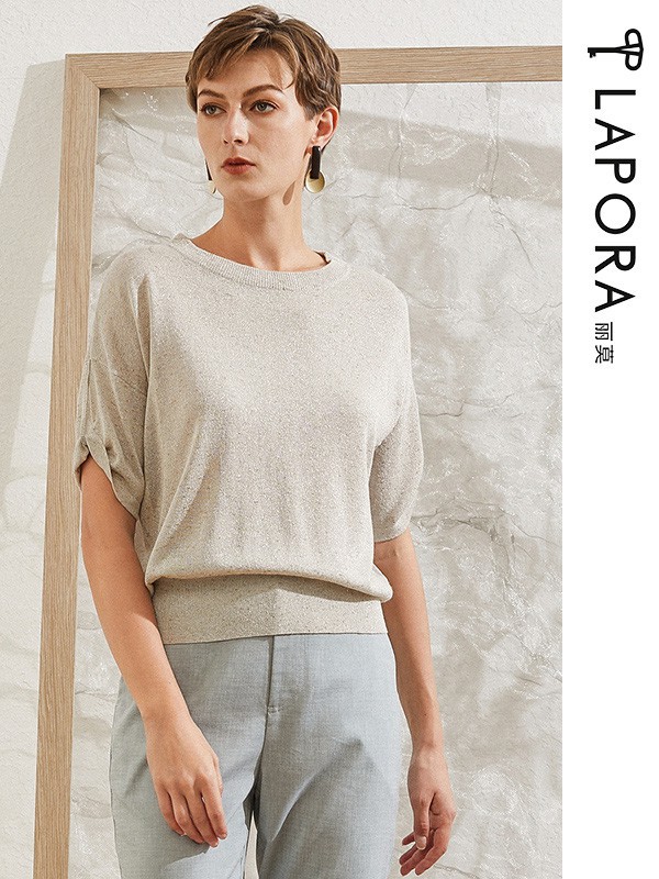 丽莫女装2021春夏季灰色纯色T恤