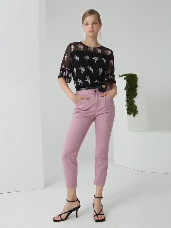 芊之美2021春夏季黑色印花雪纺衫