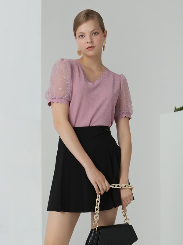 芊之美2021春夏季粉色纯色T恤