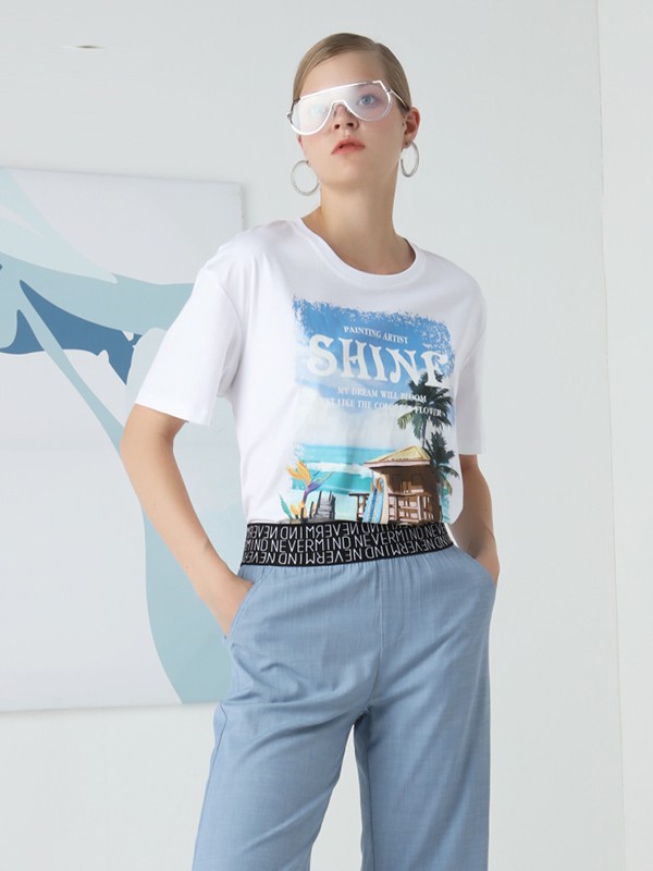 芊之美2021春夏季白色印花T恤