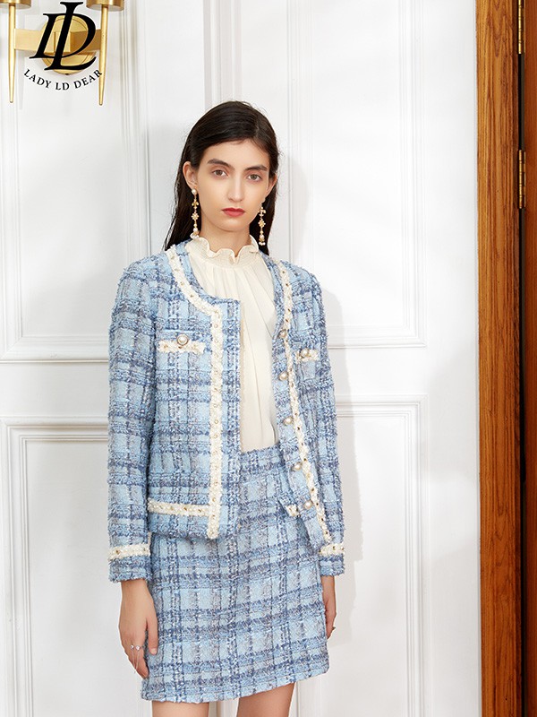 LADYLDDEAR女装2021秋冬季浅蓝色格子套装