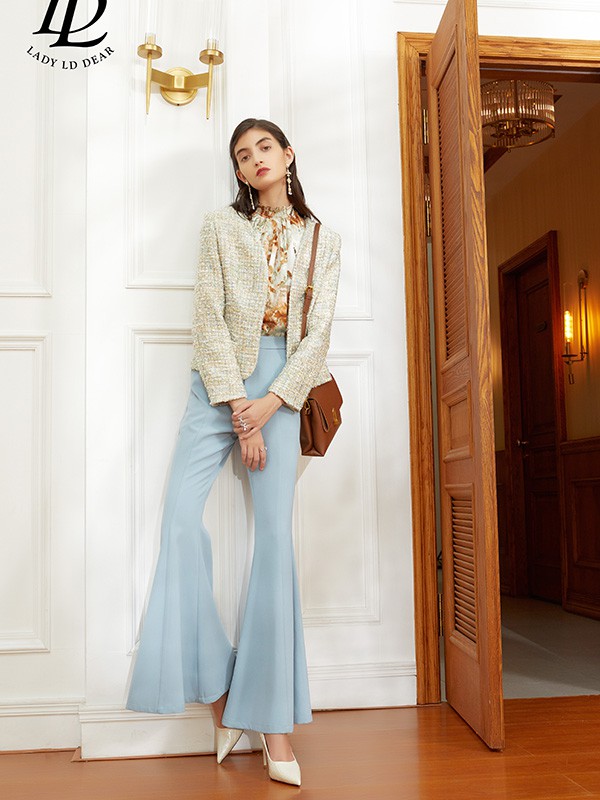 LADYLDDEAR女装2021秋冬季浅蓝色纯色阔腿裤