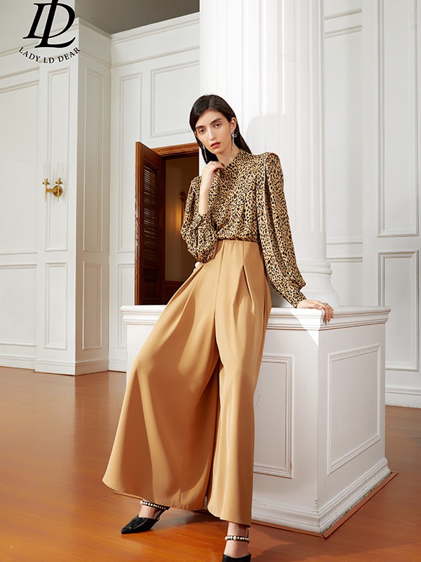 LADYLDDEAR女装2021秋冬季卡其色纯色阔腿裤