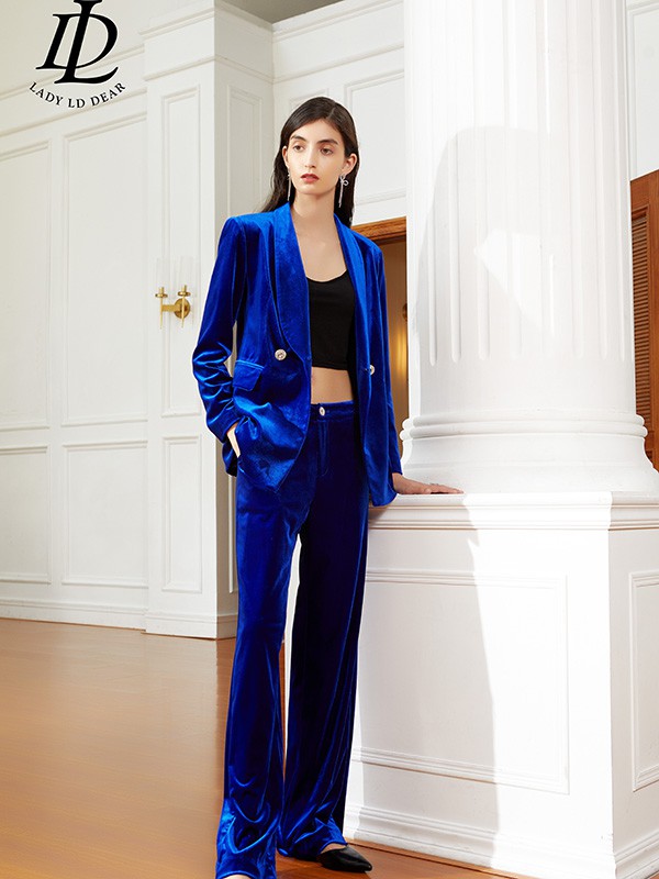 LADYLDDEAR女装2021秋冬季藏蓝色纯色套装