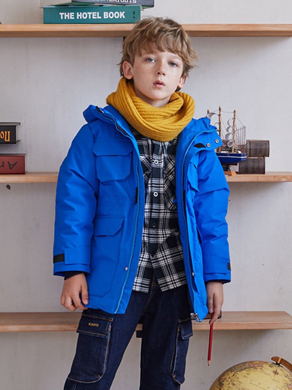 诺贝达童装2021秋冬季蓝色连帽羽绒服