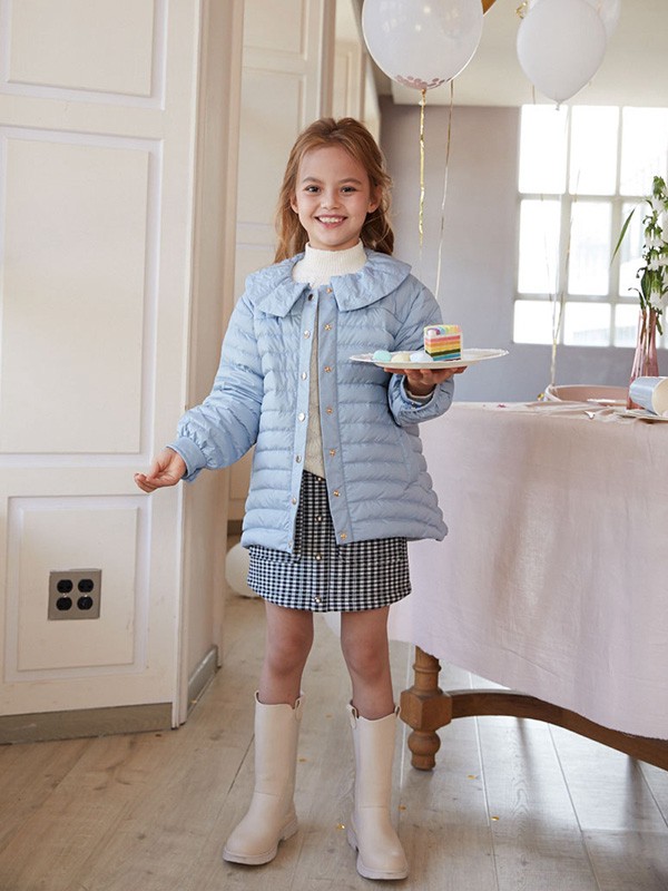 诺贝达童装2021秋冬季蓝色娃娃领外套