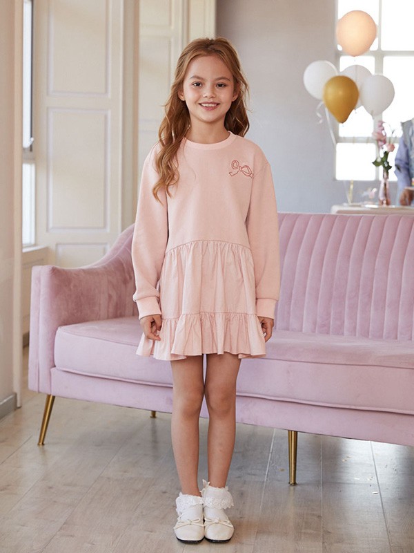 诺贝达童装2021秋冬季粉色刺绣连衣裙