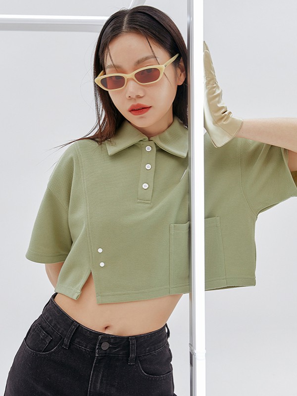 韩都衣舍女装2021春夏季抹茶绿开叉polo衫