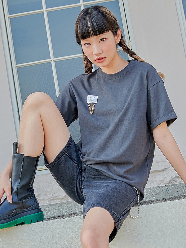 韩都衣舍女装2021春夏季黑色印花T恤