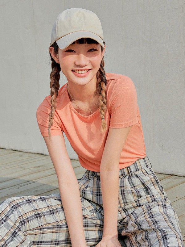 韩都衣舍女装2021春夏季橙色纯色T恤