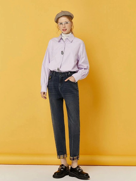 初语女装2021秋冬季紫色纯色衬衫