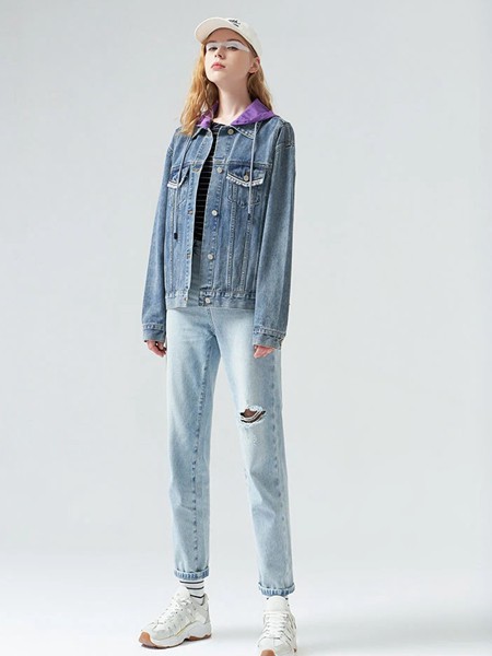 初语女装2021秋冬季浅蓝色破洞长裤