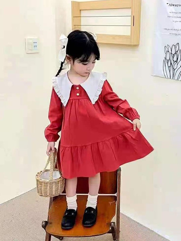 宾果童话2021秋冬季红色娃娃领连衣裙
