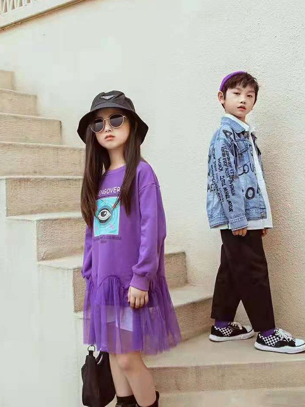 宾果童话2021秋冬季紫色印花连衣裙