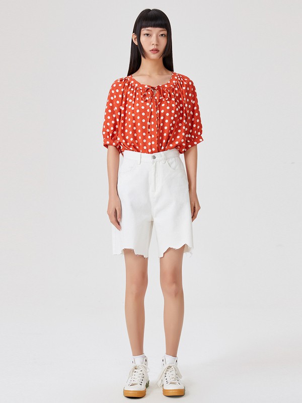 美特斯邦威美邦2021春夏季橙色波点雪纺衫