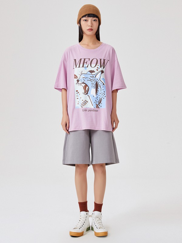 美特斯邦威美邦2021春夏季粉色印花T恤