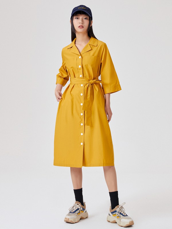 美特斯邦威美邦2021春夏季黄色收腰连衣裙