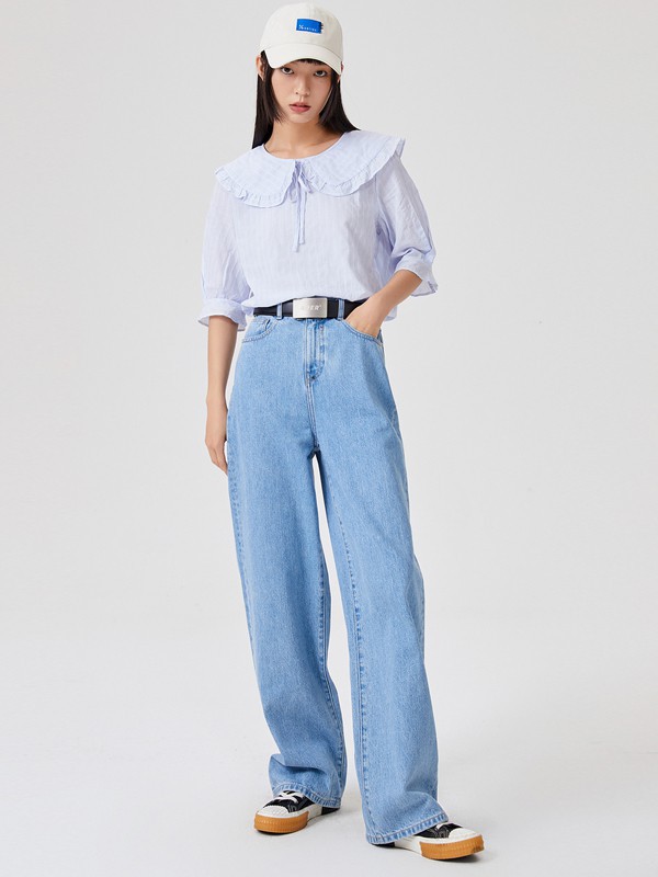 美特斯邦威美邦2021春夏季浅蓝色娃娃领T恤