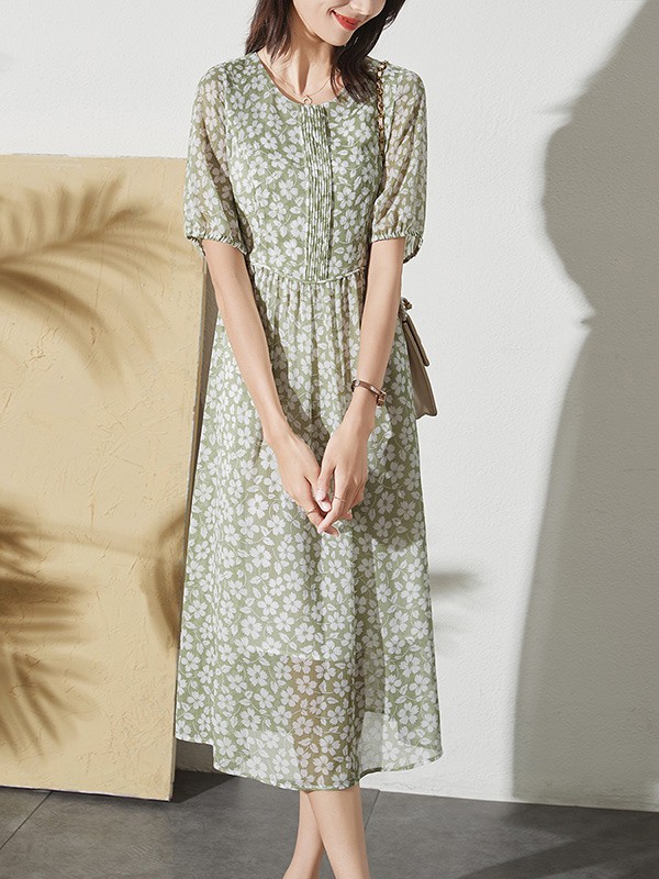 索菲丝尔女装2021春夏季绿色波点连衣裙