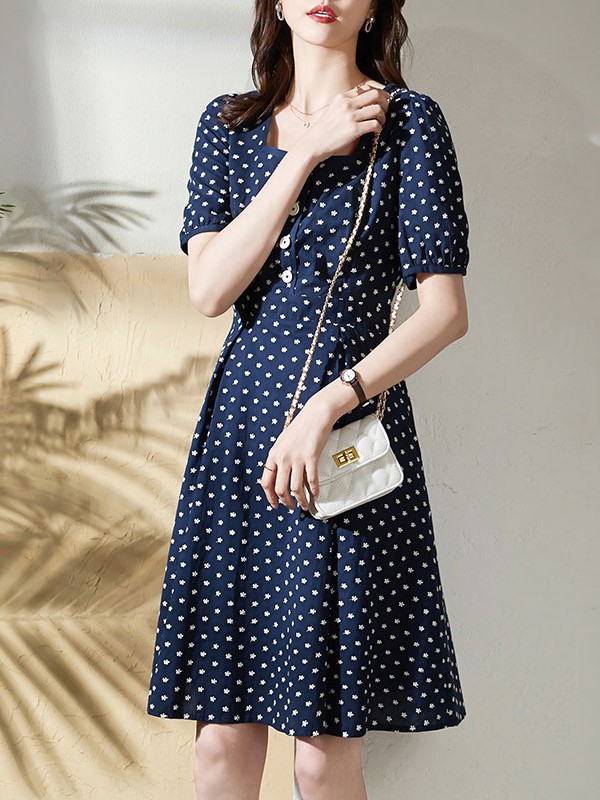 索菲丝尔女装2021春夏季藏蓝色波点连衣裙