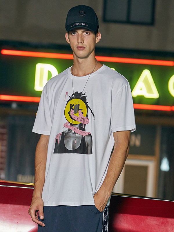 双刀潮牌男装2021春夏季白色印花T恤