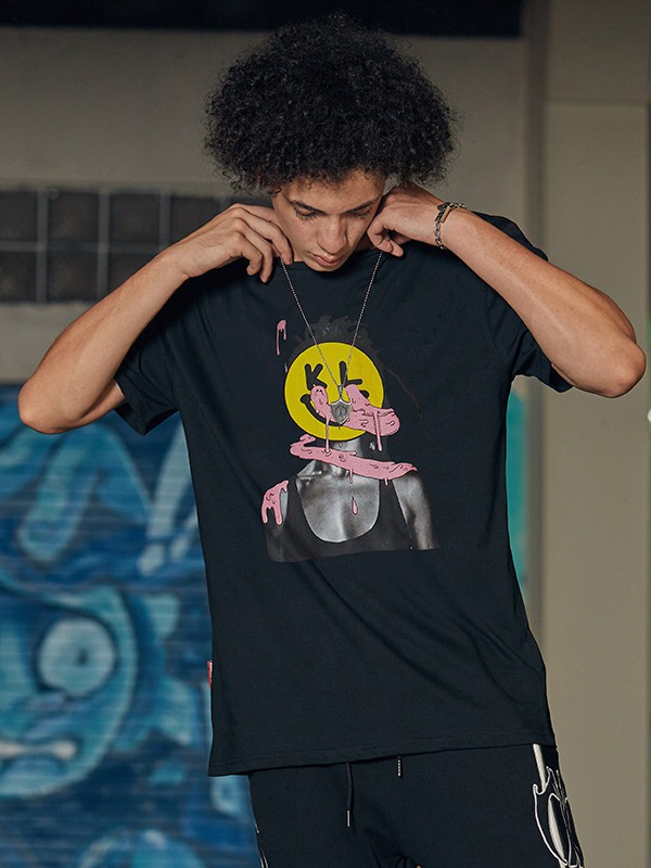 双刀潮牌男装2021春夏季黑色印花T恤