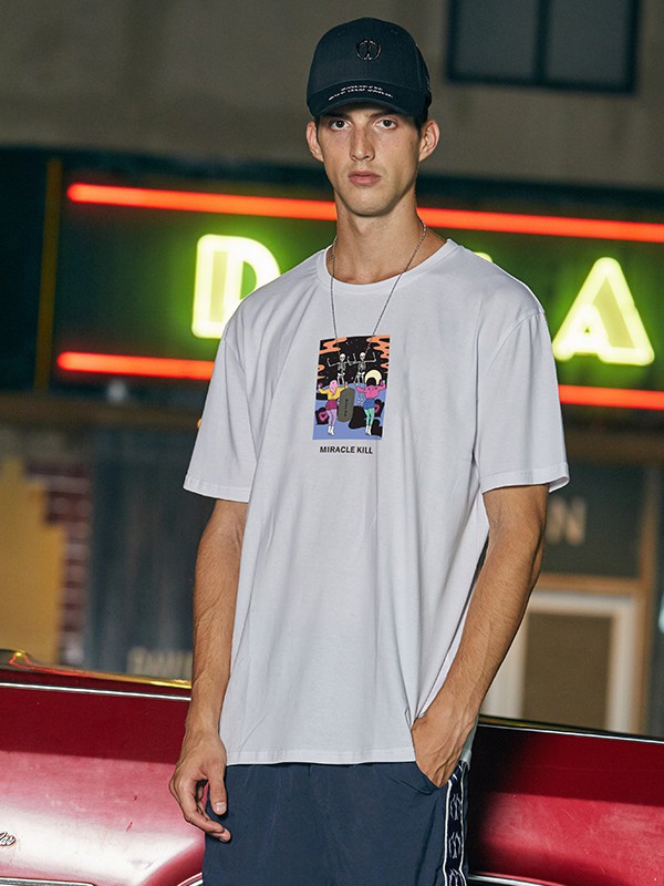 双刀潮牌男装2021春夏季白色印花T恤