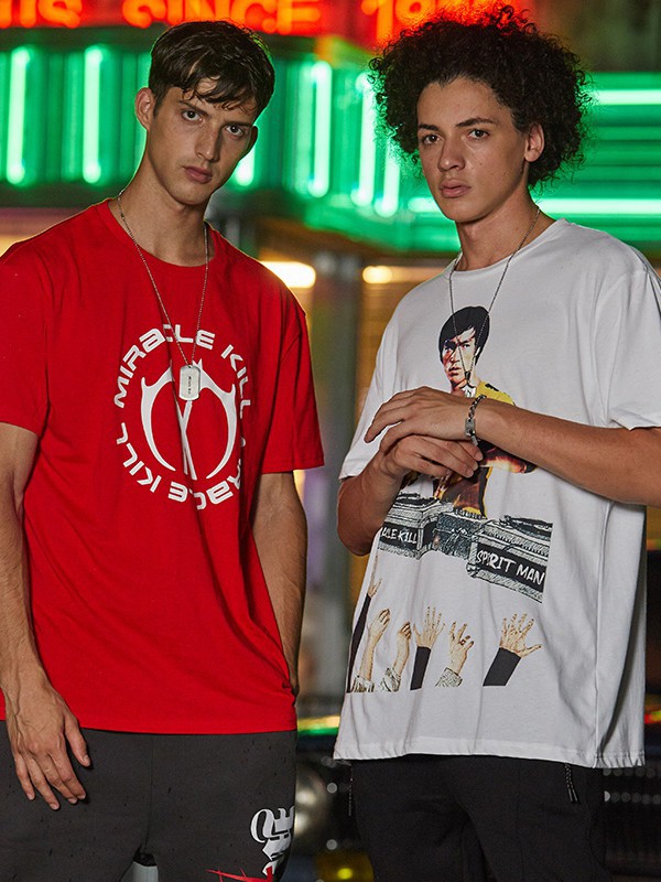 双刀潮牌男装2021春夏季红色印花T恤