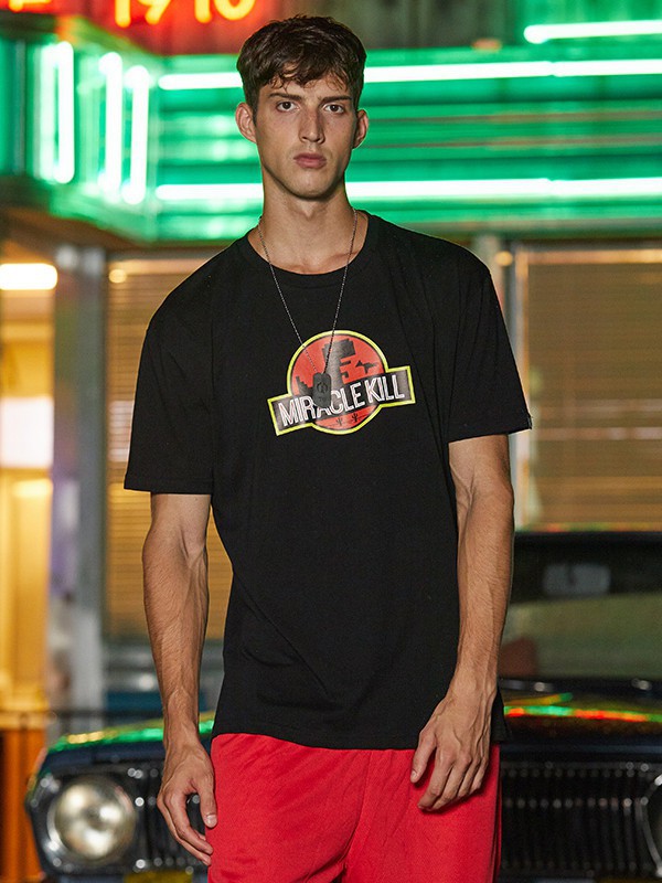 双刀潮牌男装2021春夏季黑色印花T恤