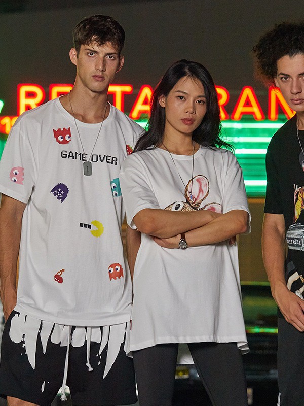 双刀潮牌男装2021春夏季白色印花T恤