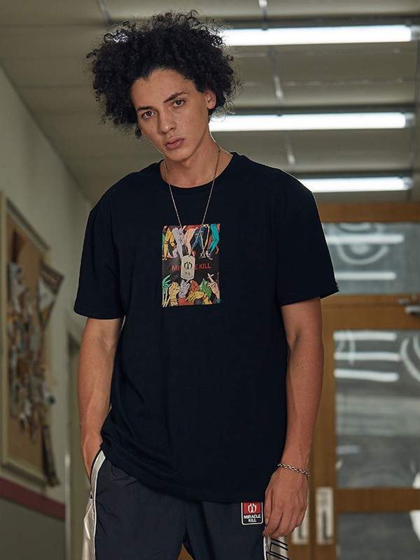 双刀潮牌男装2021春夏季黑色印花T恤