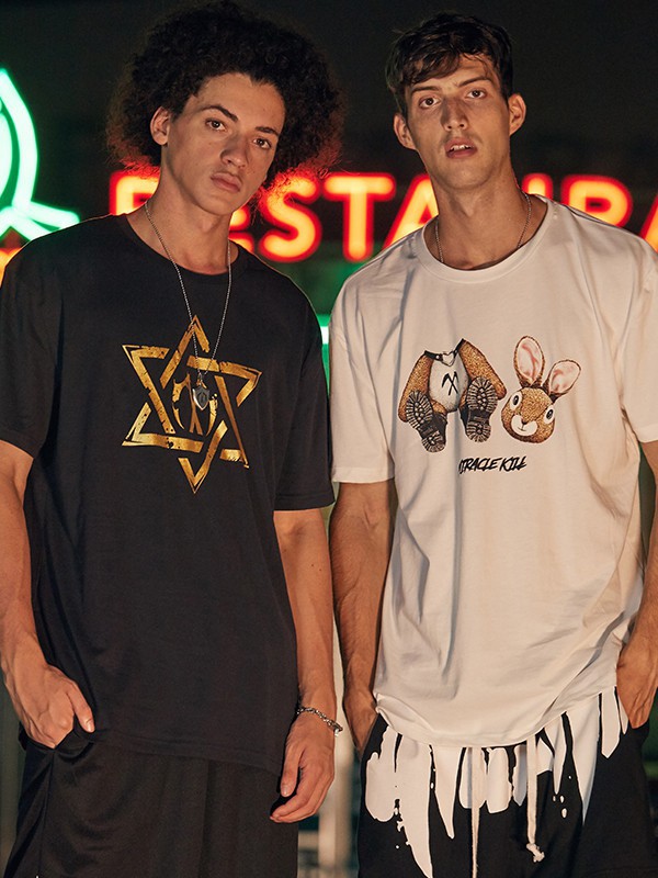 双刀潮牌男装2021春夏季白色印花T恤