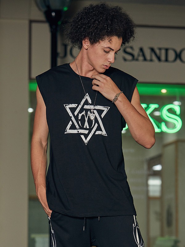 双刀潮牌男装2021春夏季黑色印花背心