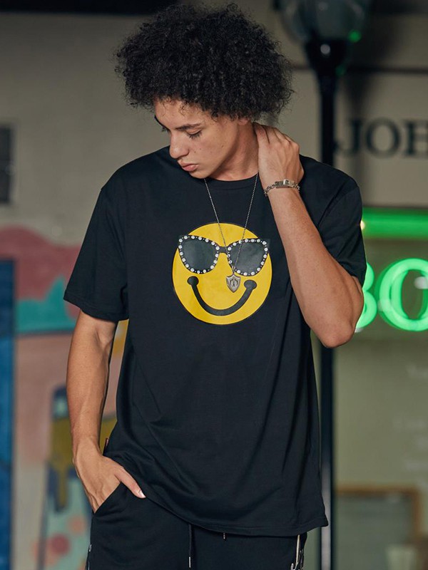 双刀潮牌男装2021春夏季黑色印花T恤