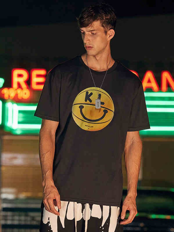 双刀潮牌男装2021春夏季黑色印花T恤