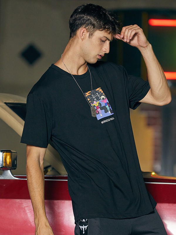 双刀潮牌男装2021春夏季黑色印花T恤