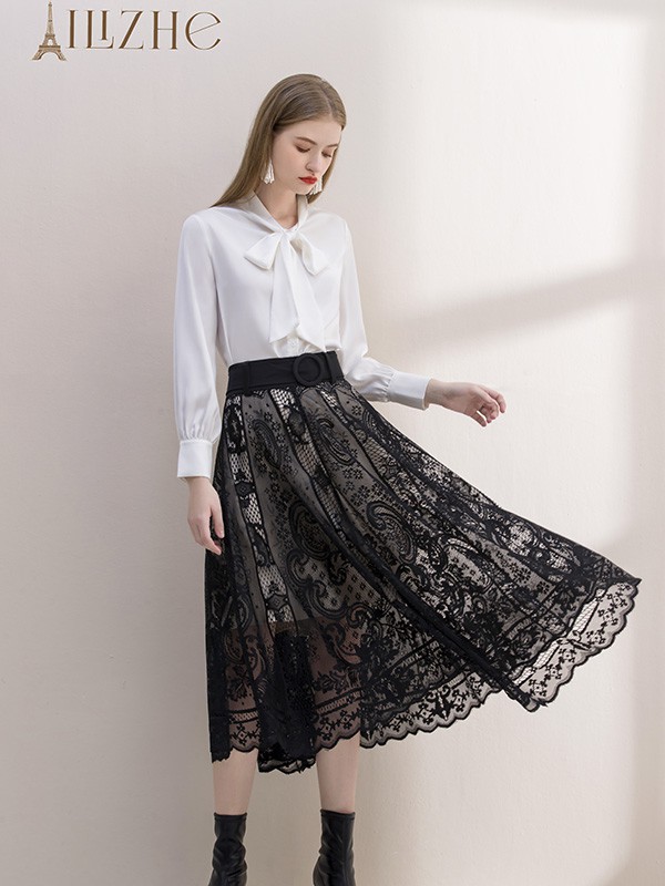 艾丽哲2021秋冬季黑色蕾丝长裤