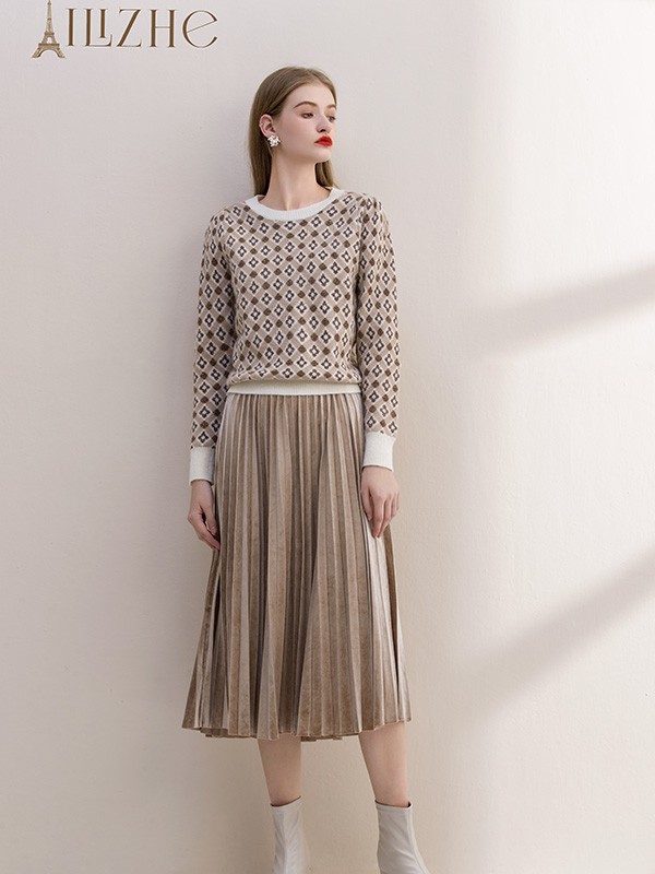 艾丽哲2021秋冬季棕色褶皱百褶裙