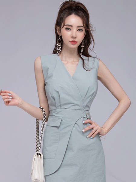 COCOSHOP2021春夏季蓝色收腰连衣裙