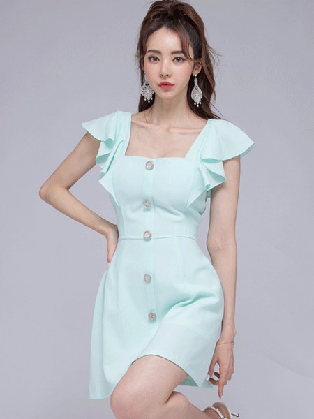 COCOSHOP女装2021春夏季绿色收腰连衣裙