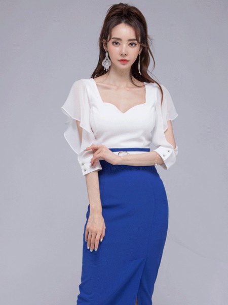 COCOSHOP女装2021春夏季蓝色纯色包臀裙