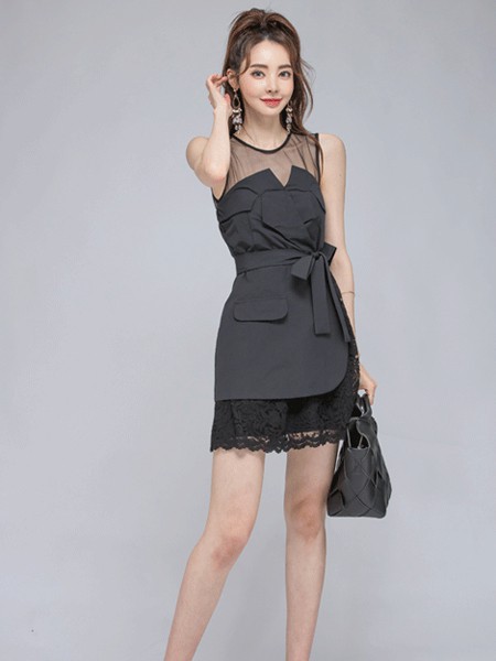 COCOSHOP女装2021春夏季黑色拼接连体衣