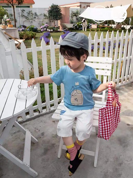 森虎儿童装2021春夏季蓝色印花T恤