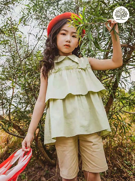 森虎儿童装2021春夏季绿色荷叶边上衣