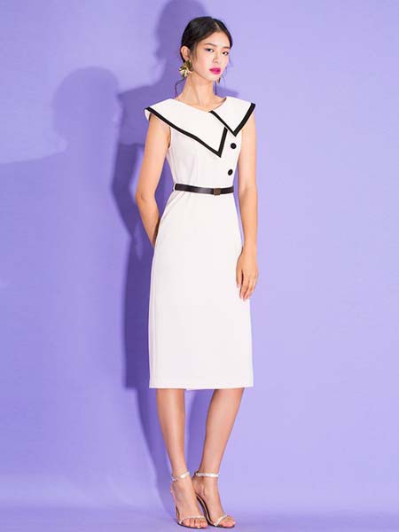 媛帆女装2021春夏季白色纯色连衣裙