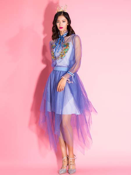 媛帆女装2021春夏季紫色纱网连衣裙