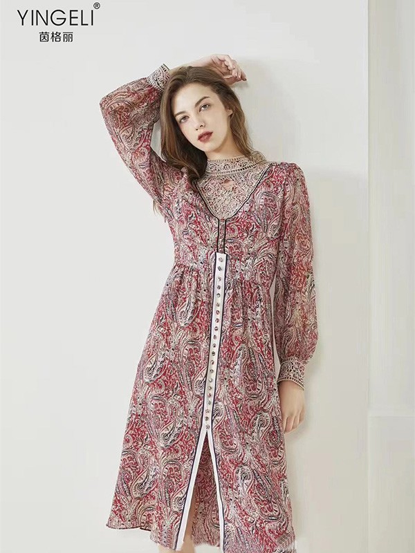 茵格丽2021春夏季红色印花连衣裙