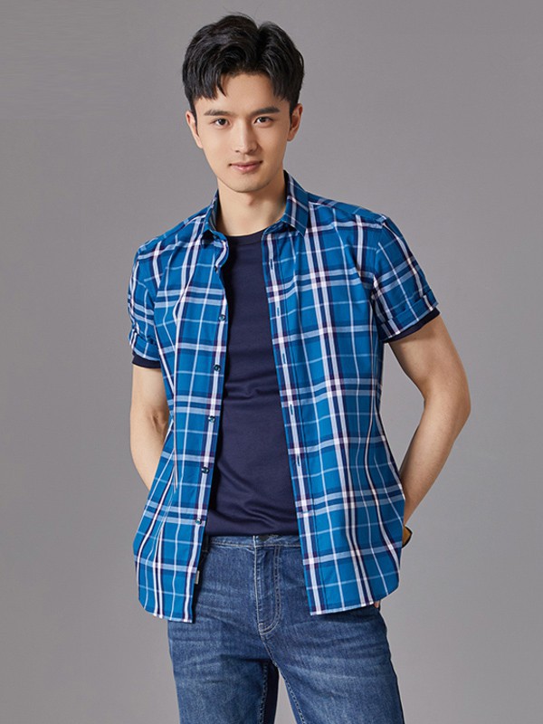 雅戈尔男装2021春夏季蓝色格子衬衫