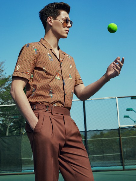 红领男装2021春夏季棕色印花衬衫